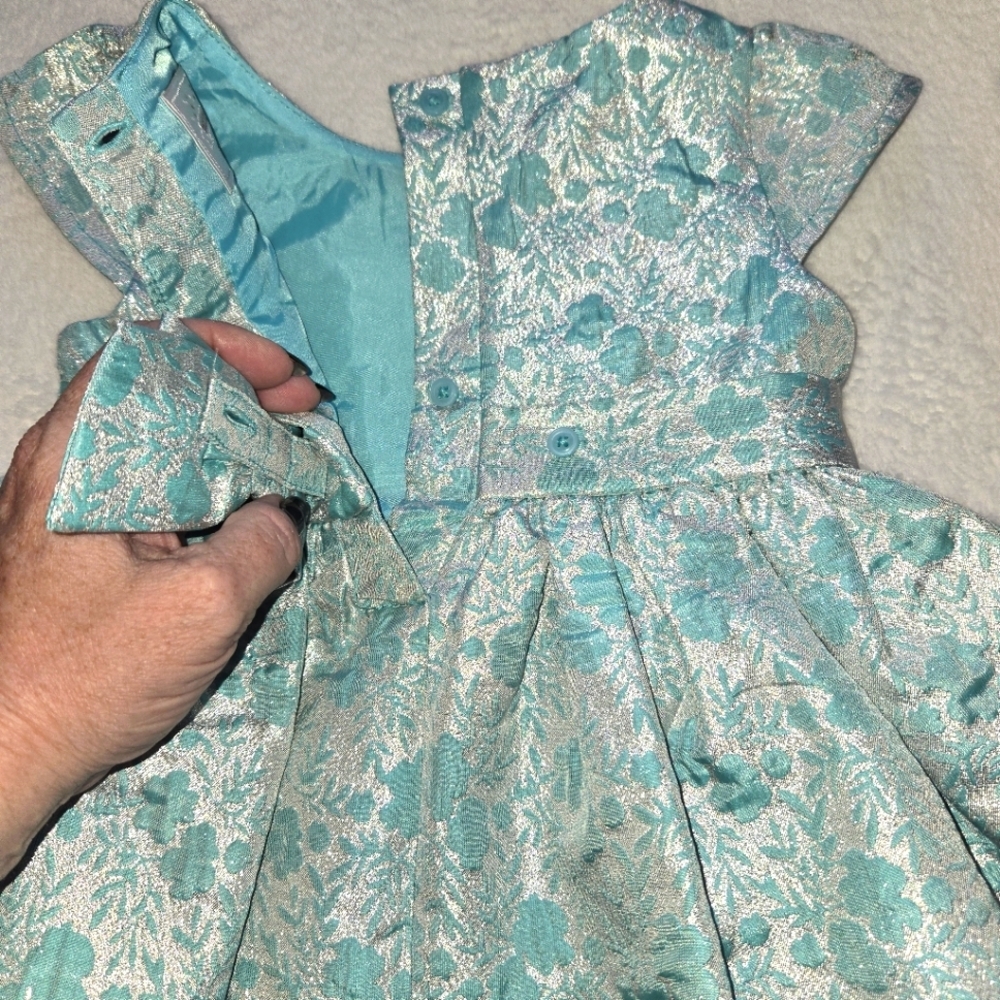 Gymboree Teal N Silver 18-24M Brocade Flowers Beautiful PARTY DRESS - Picture 7 of 12